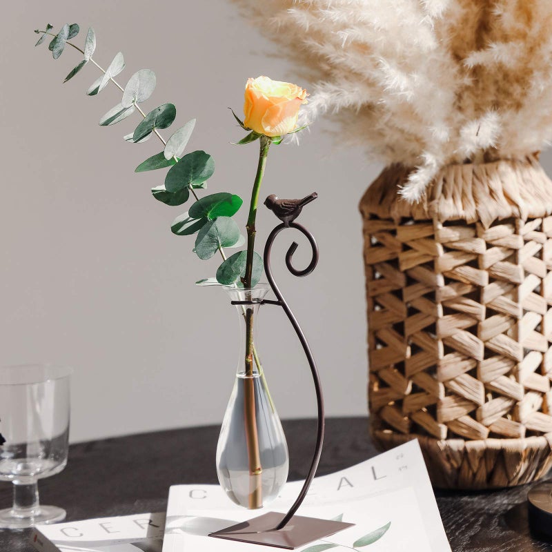 Marbrasse Desktop Glass Planter Hydroponics Vase Planter Bulb Vase with Holder for Home Decoration Modern Creative Bird Plant Terrarium Stand  Scindapsus Container (Water Drop Vase) - Image 3